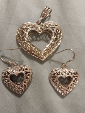 QVC Silver Filigree Heart Pendant and Dangle Earrings Set